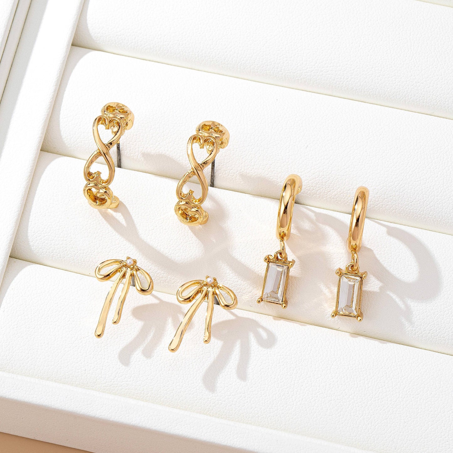 Baguette Stone Hoop, Bow Trio Earring Set