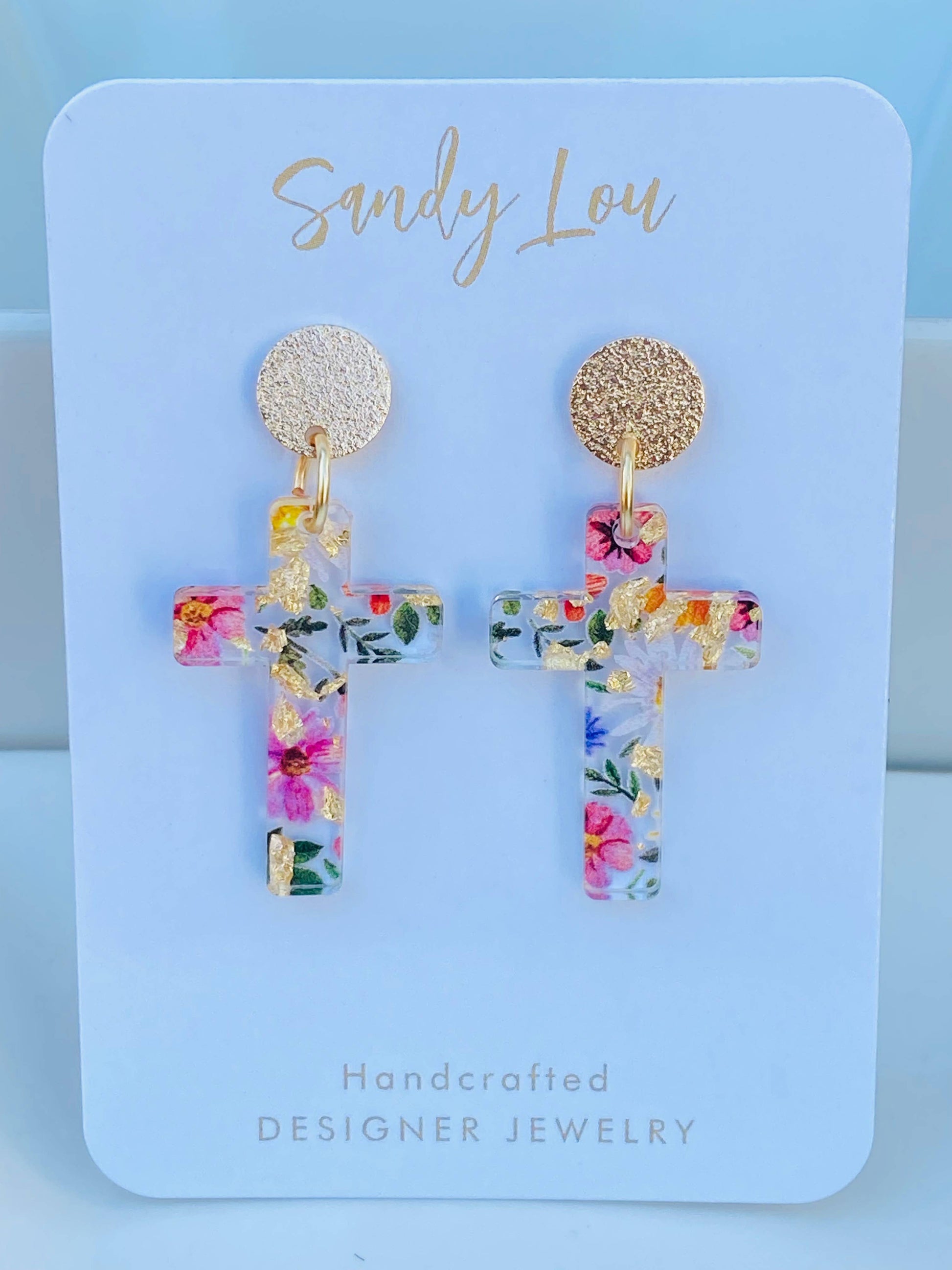 Floral Gold-Foil Cross Earrings | 18K Gold Plated
