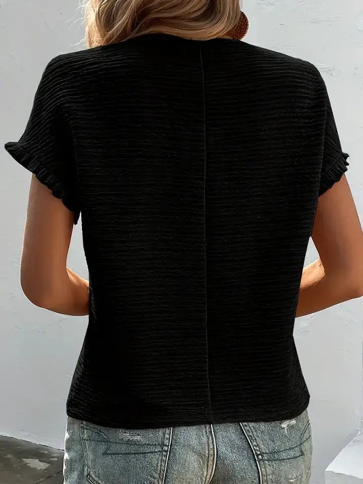 Black Textured Ruffled Short Sleeve Blouse