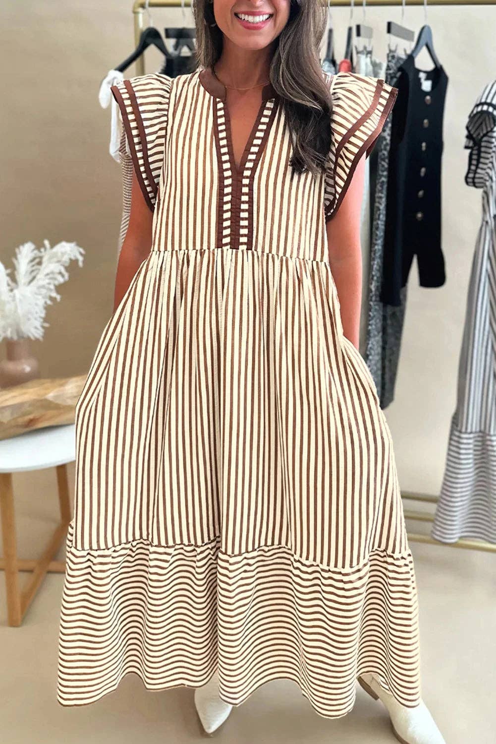 Stripe Double Ruffled Short Sleeve Dress