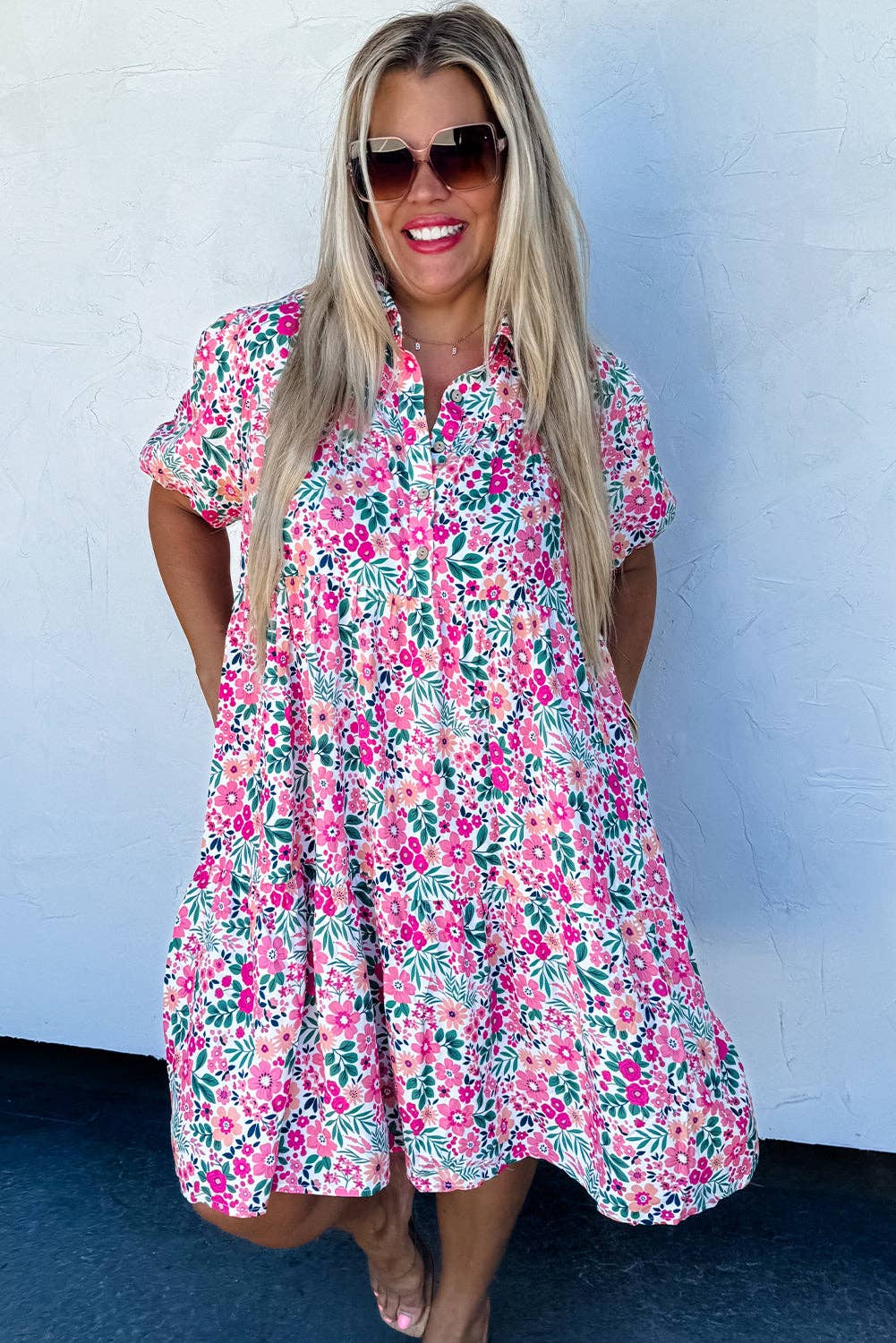 Pink Floral Half Button Short Puff Sleeve A-line Dress