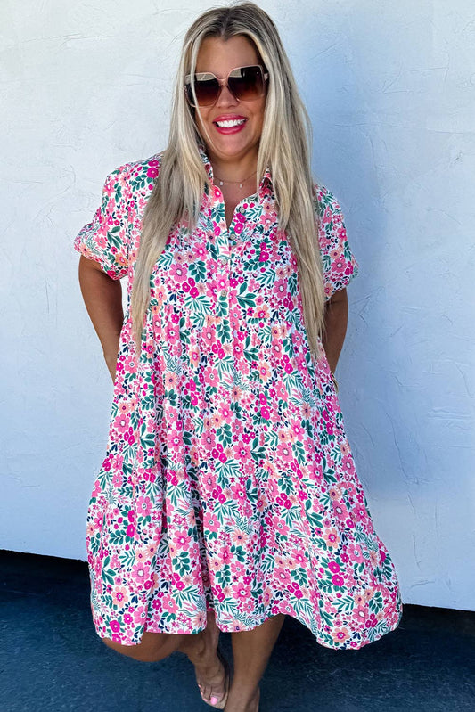 Pink Floral Half Button Short Puff Sleeve A-line Dress