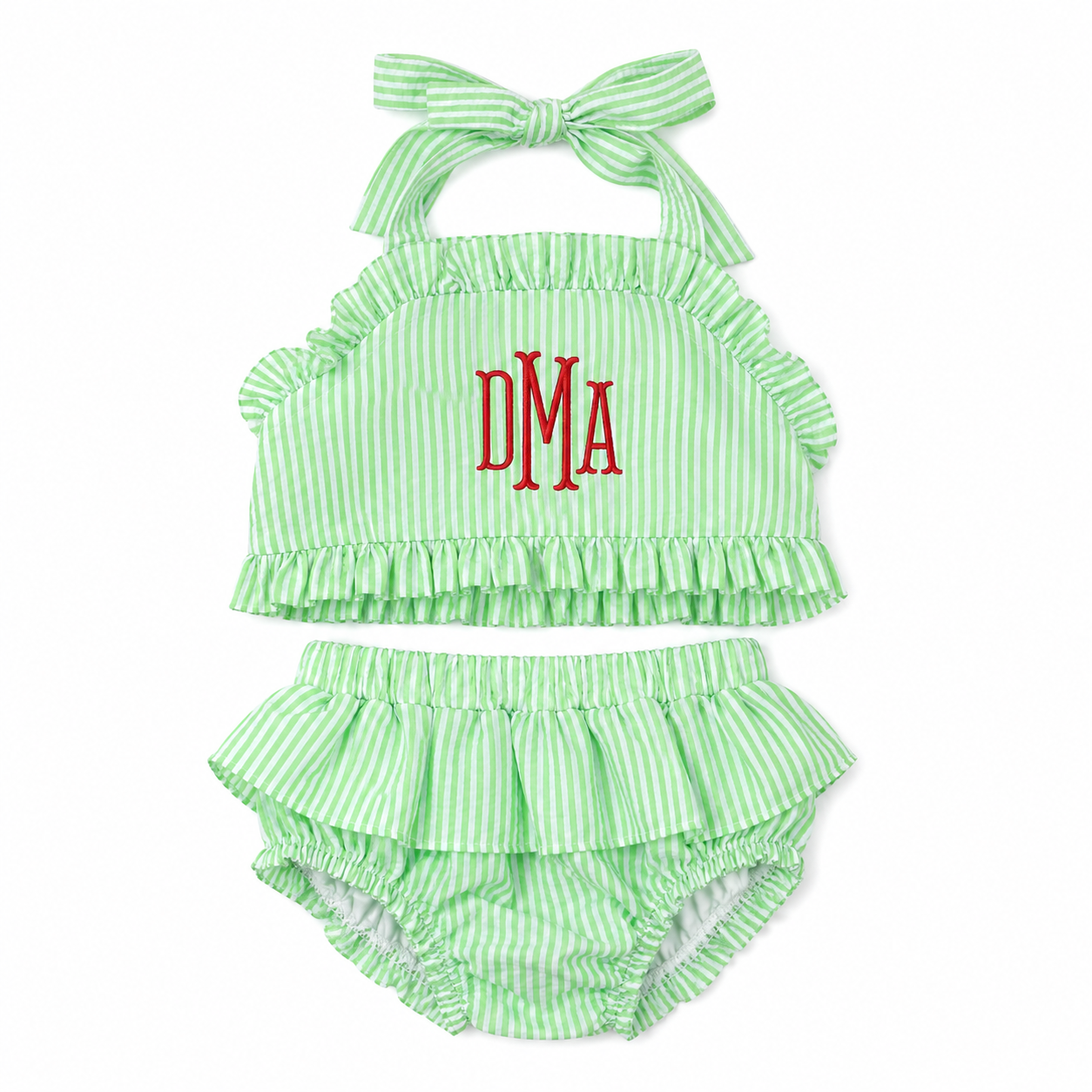 Green Personalized Seersucker Swim Trunks & Ruffle Bikini Set | Embroidery Blank Swimwear