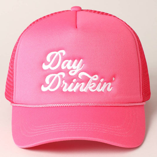 Day Drinkin Texts Embroidery Mesh Back Trucker Hat: FUCH / ONE SIZE