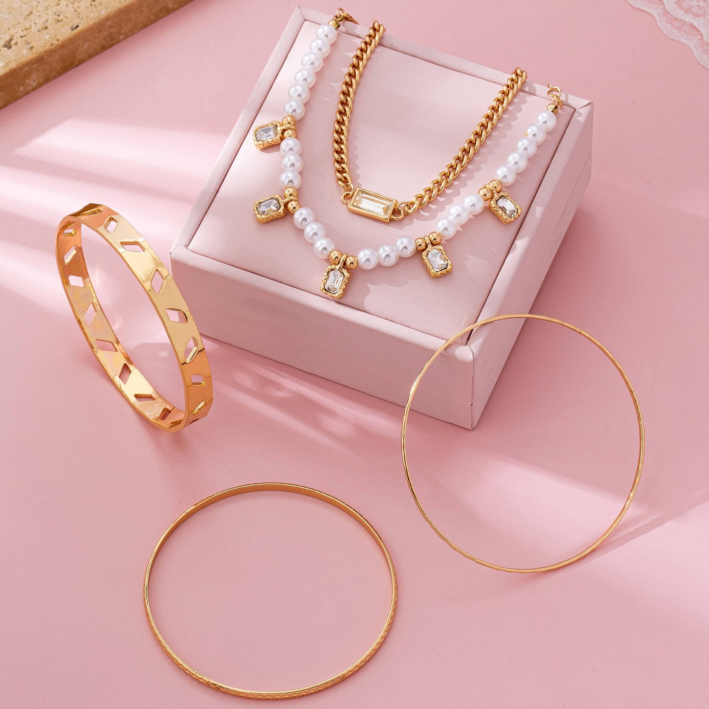 Gold Pearl & Crystal Drop Layered Bracelet Set