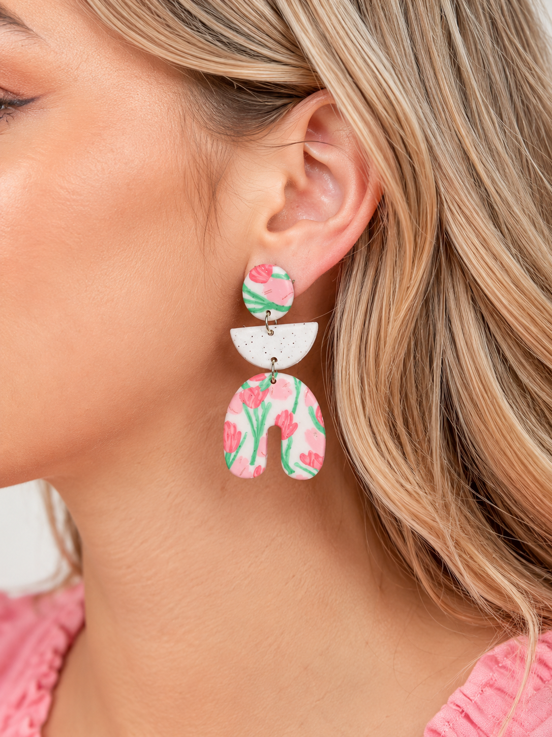 Pink Tulip Polymer Clay Drop Earrings