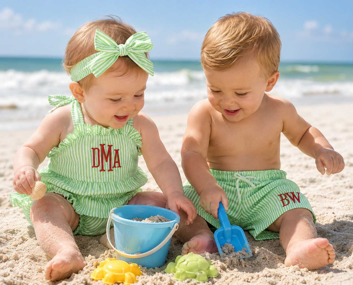 Green Personalized Seersucker Swim Trunks & Ruffle Bikini Set | Embroidery Blank Swimwear