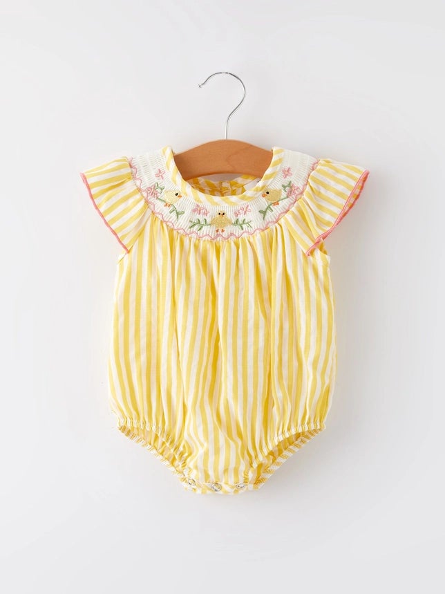 Chick Floral Embroidery Smocking Girls Romper
