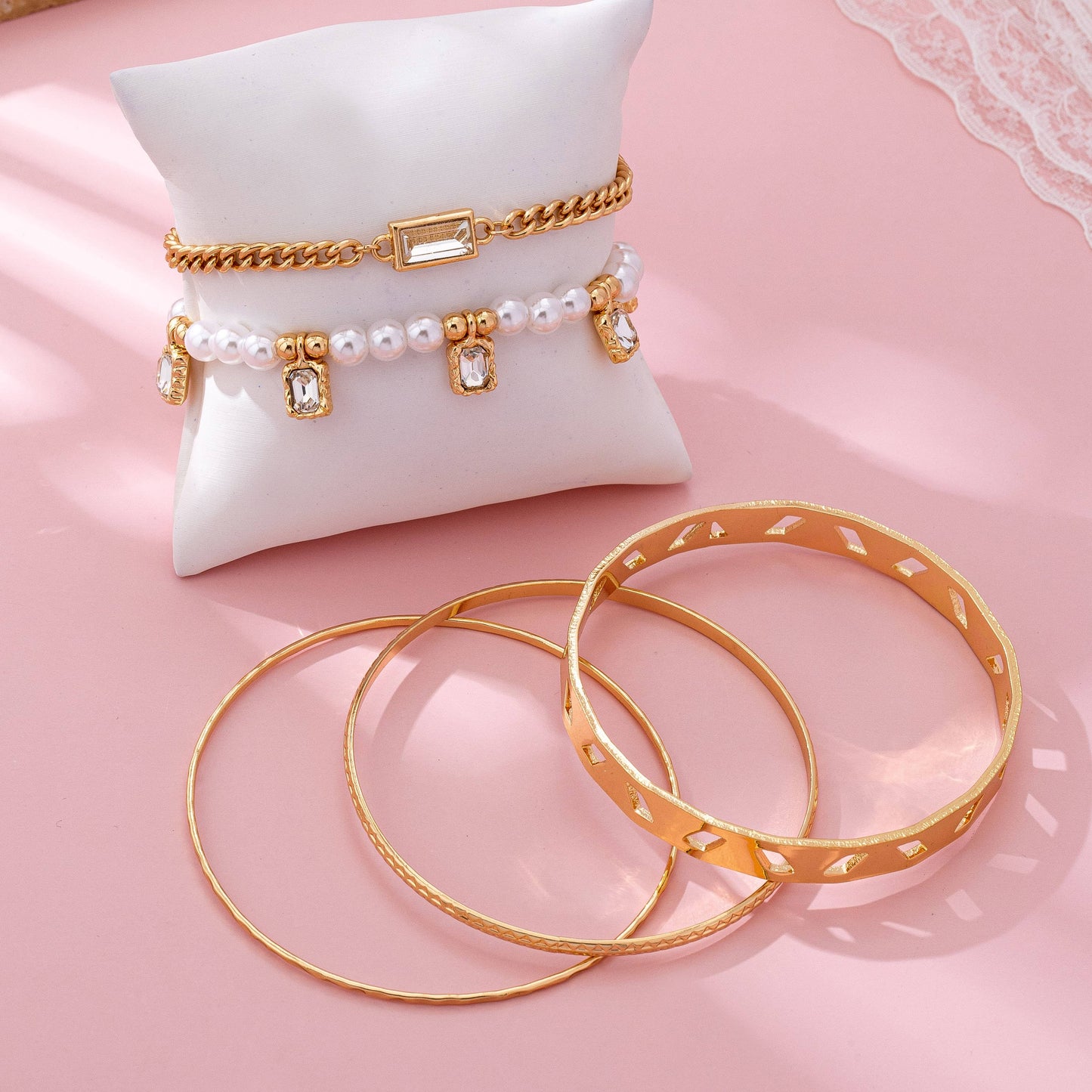 Gold Pearl & Crystal Drop Layered Bracelet Set