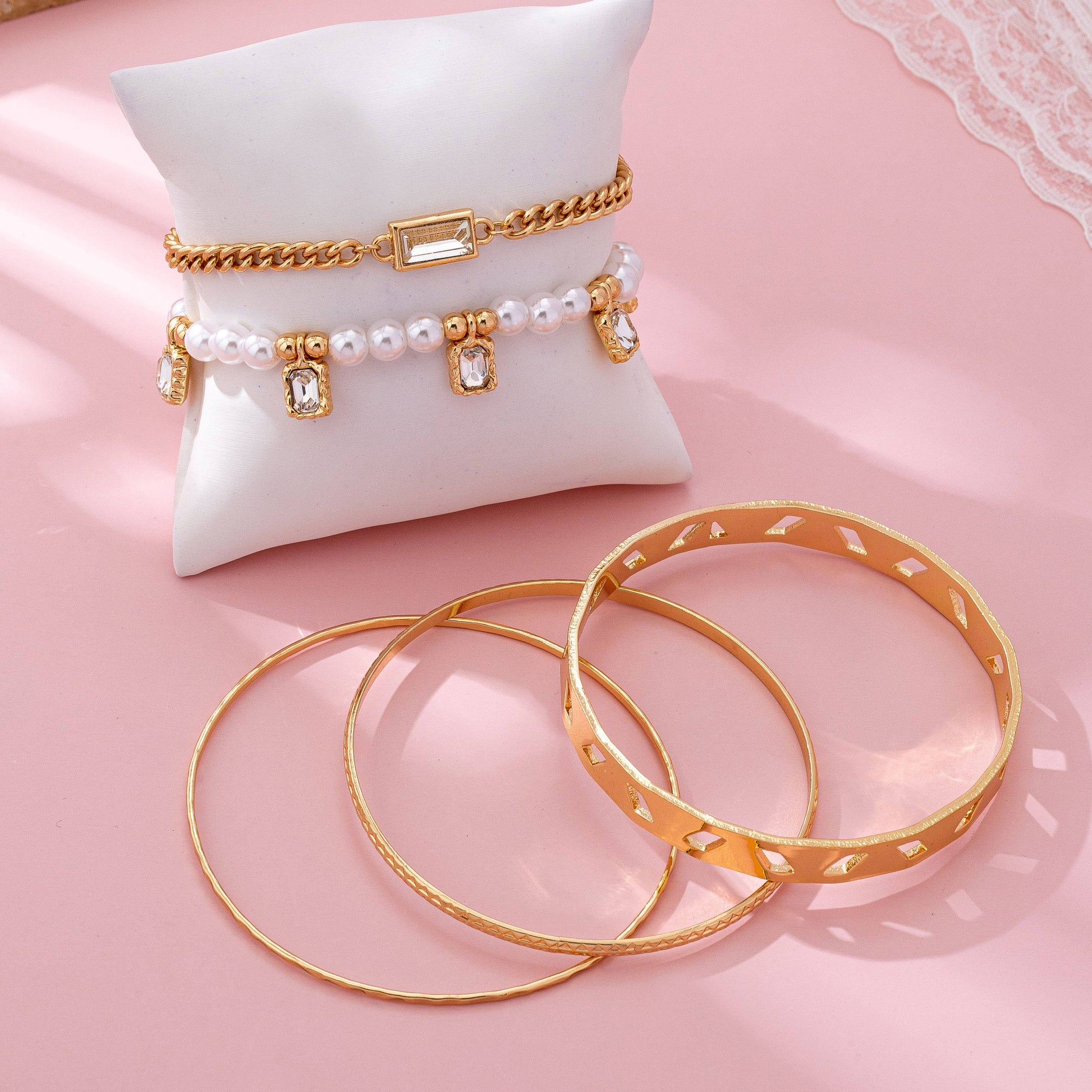 Gold Pearl & Crystal Drop Layered Bracelet Set