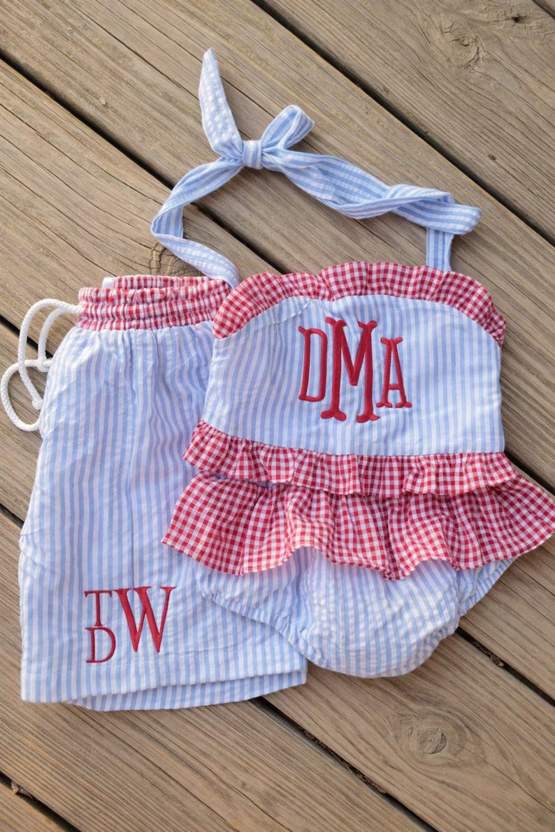 Personalized Seersucker Swim Trunks & Ruffle Bikini Set | Embroidery Blank Swimwear