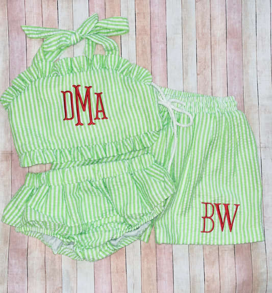 Green Personalized Seersucker Swim Trunks & Ruffle Bikini Set | Embroidery Blank Swimwear