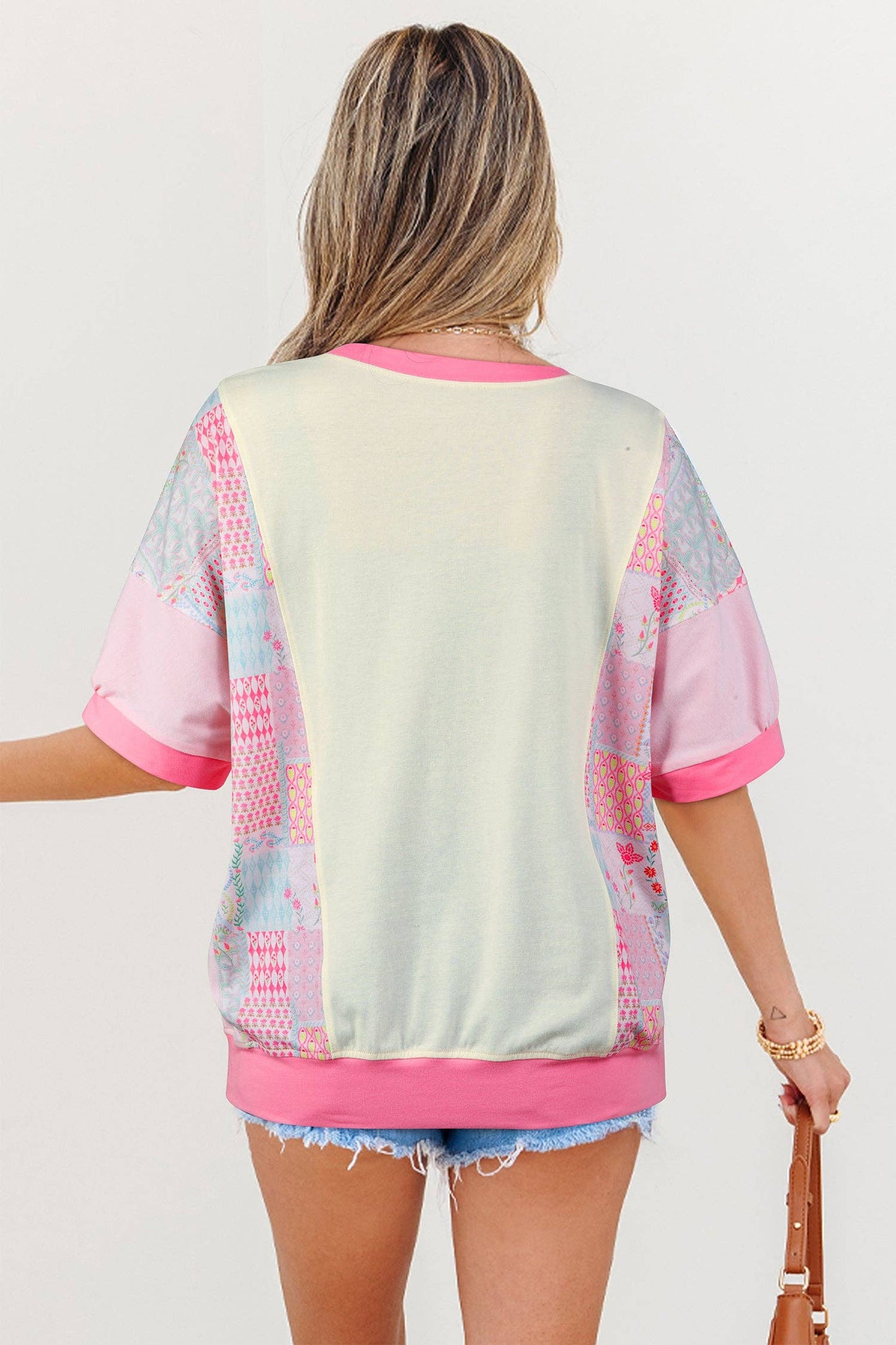 Beige Color Block Floral Patchwork Big Flower Accent Relaxed Top