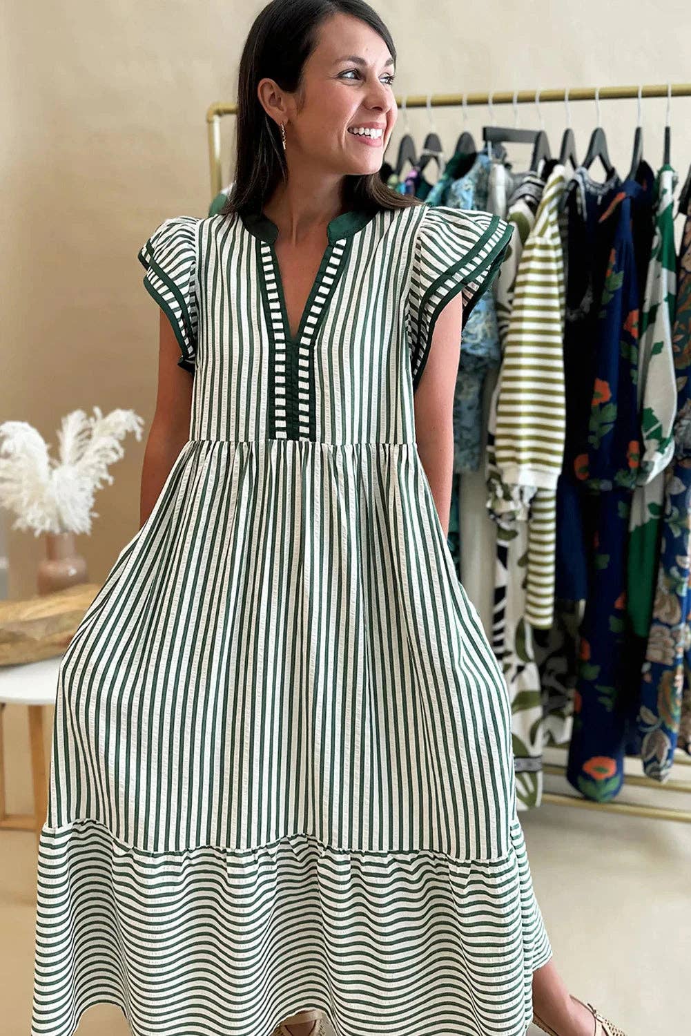 Stripe Double Ruffled Short Sleeve Dress
