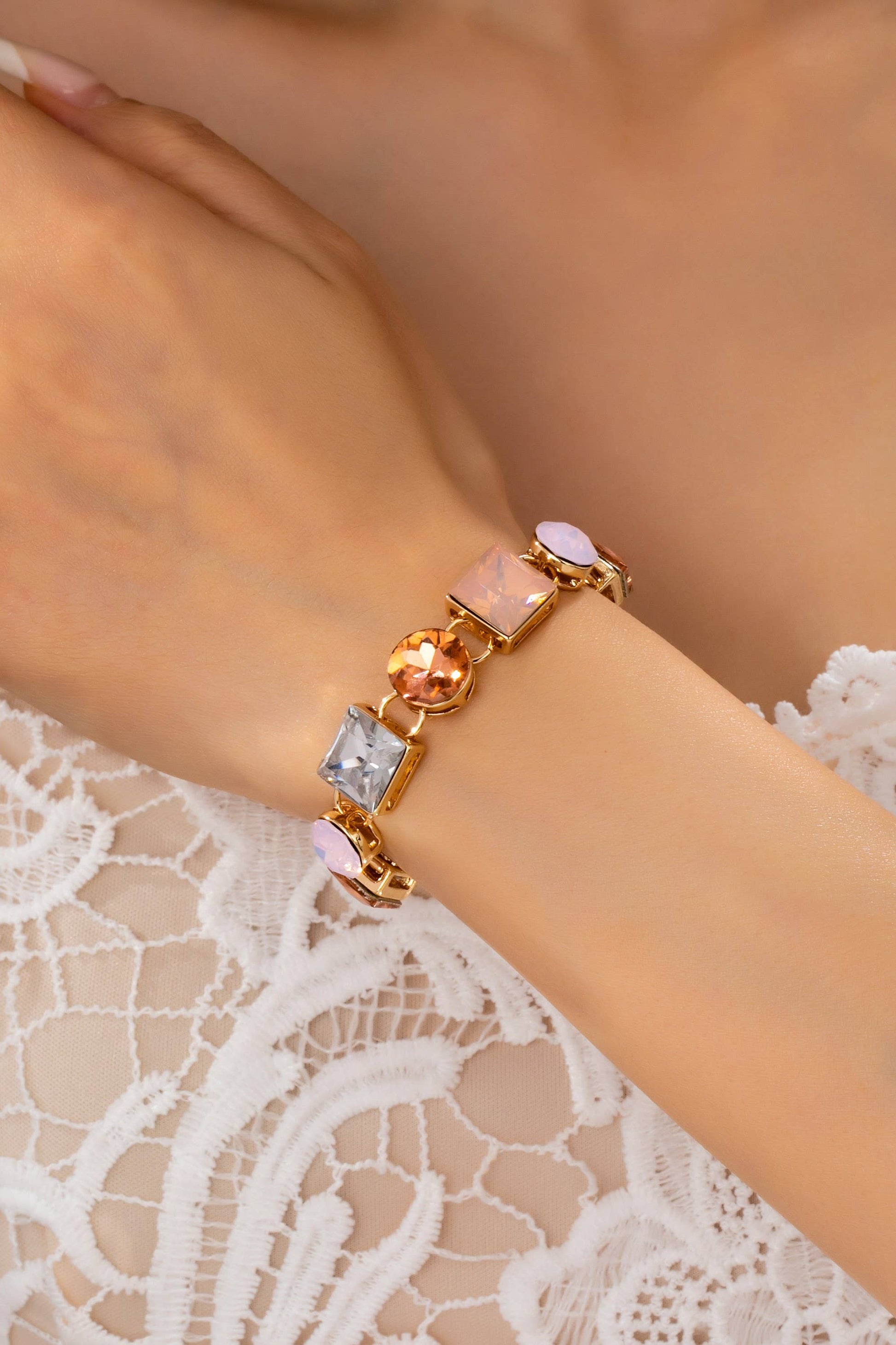 Pastel Multi-Crystal Gold Link Toggle Bracelet