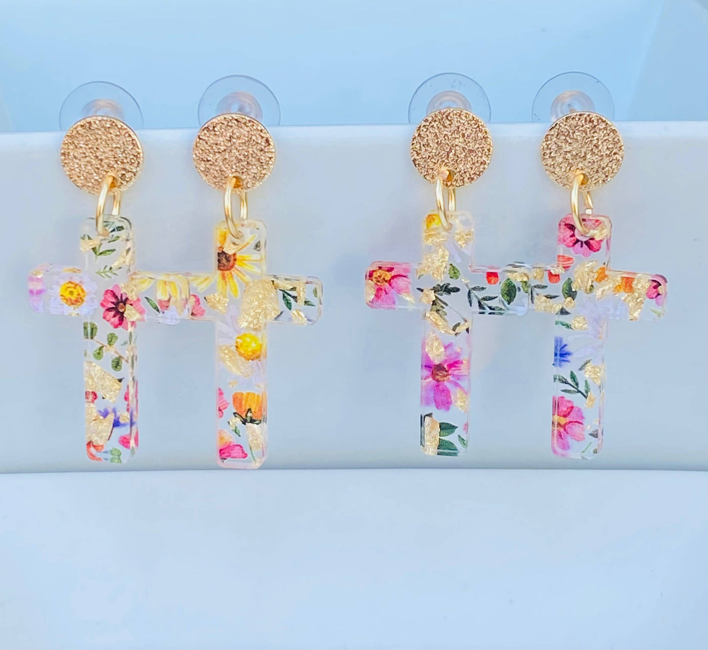 Floral Gold-Foil Cross Earrings | 18K Gold Plated