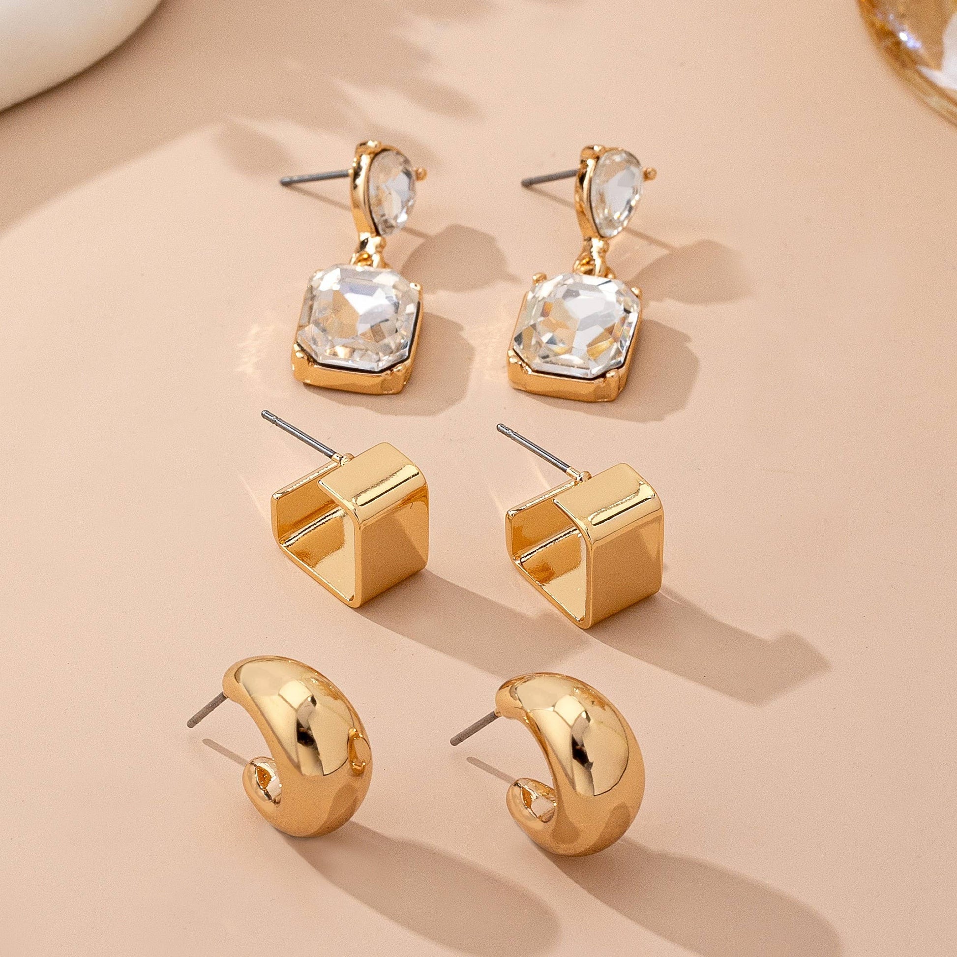 Trio Square Crescent Huggies & Crystal Drops