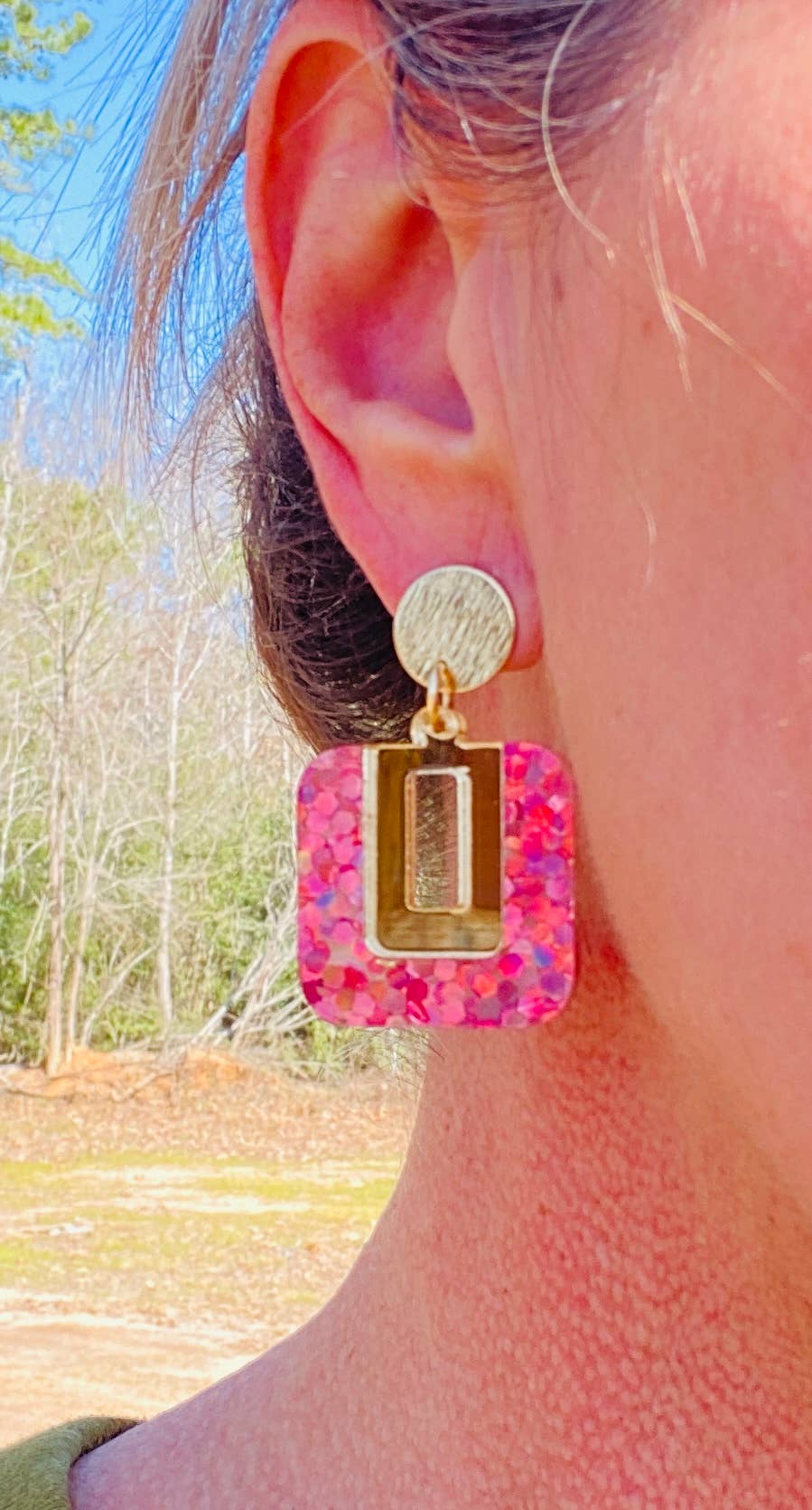 BE SQUARE PINK HOLOGRAPHIC GLITTER AND GOLD EARRING