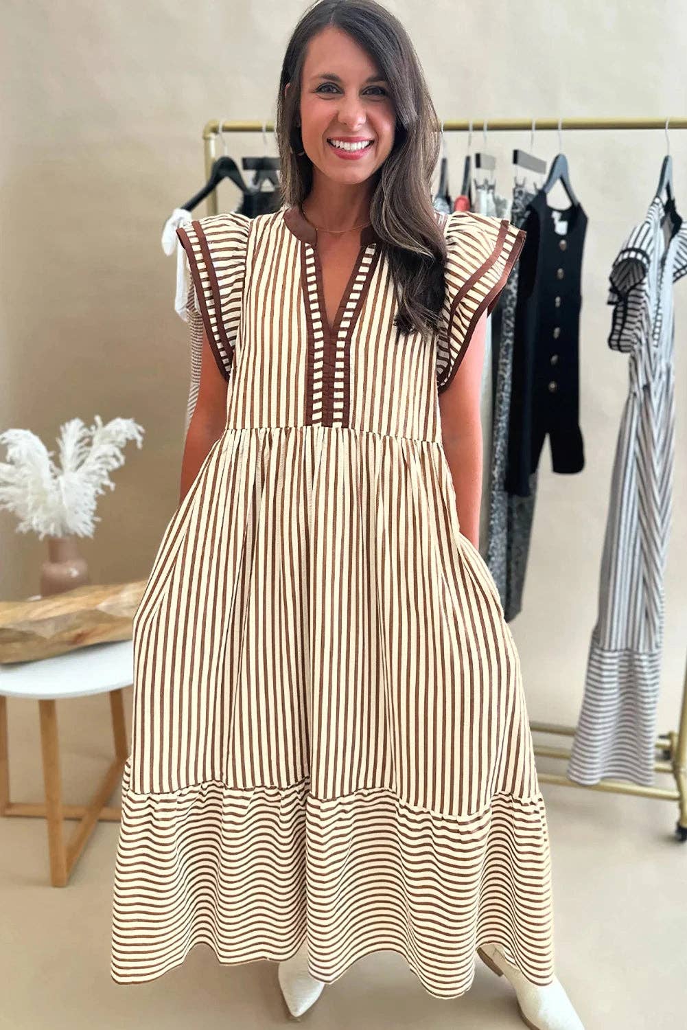 Stripe Double Ruffled Short Sleeve Dress