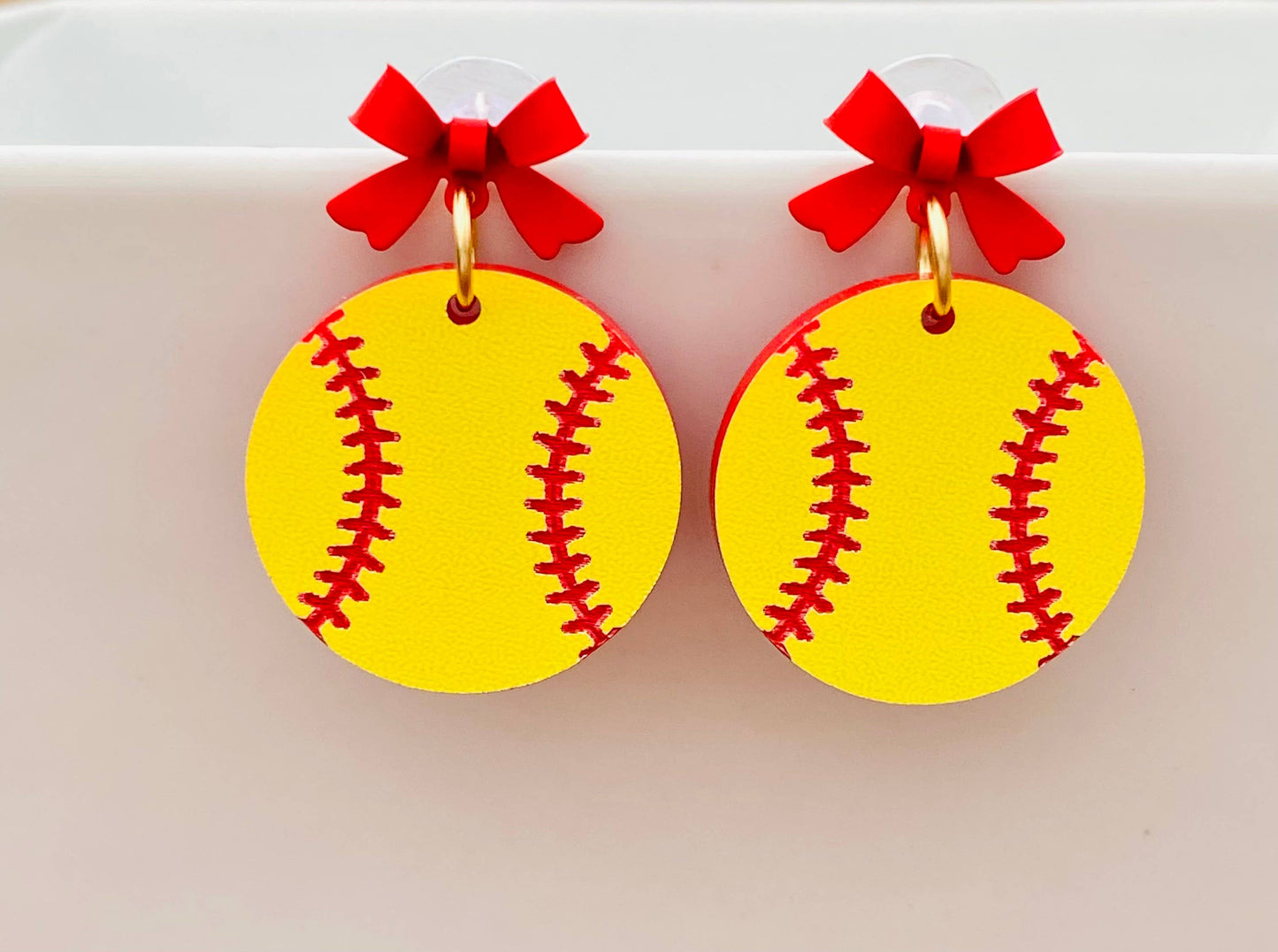 Softball Game Day Drop with Red Bow Earrings