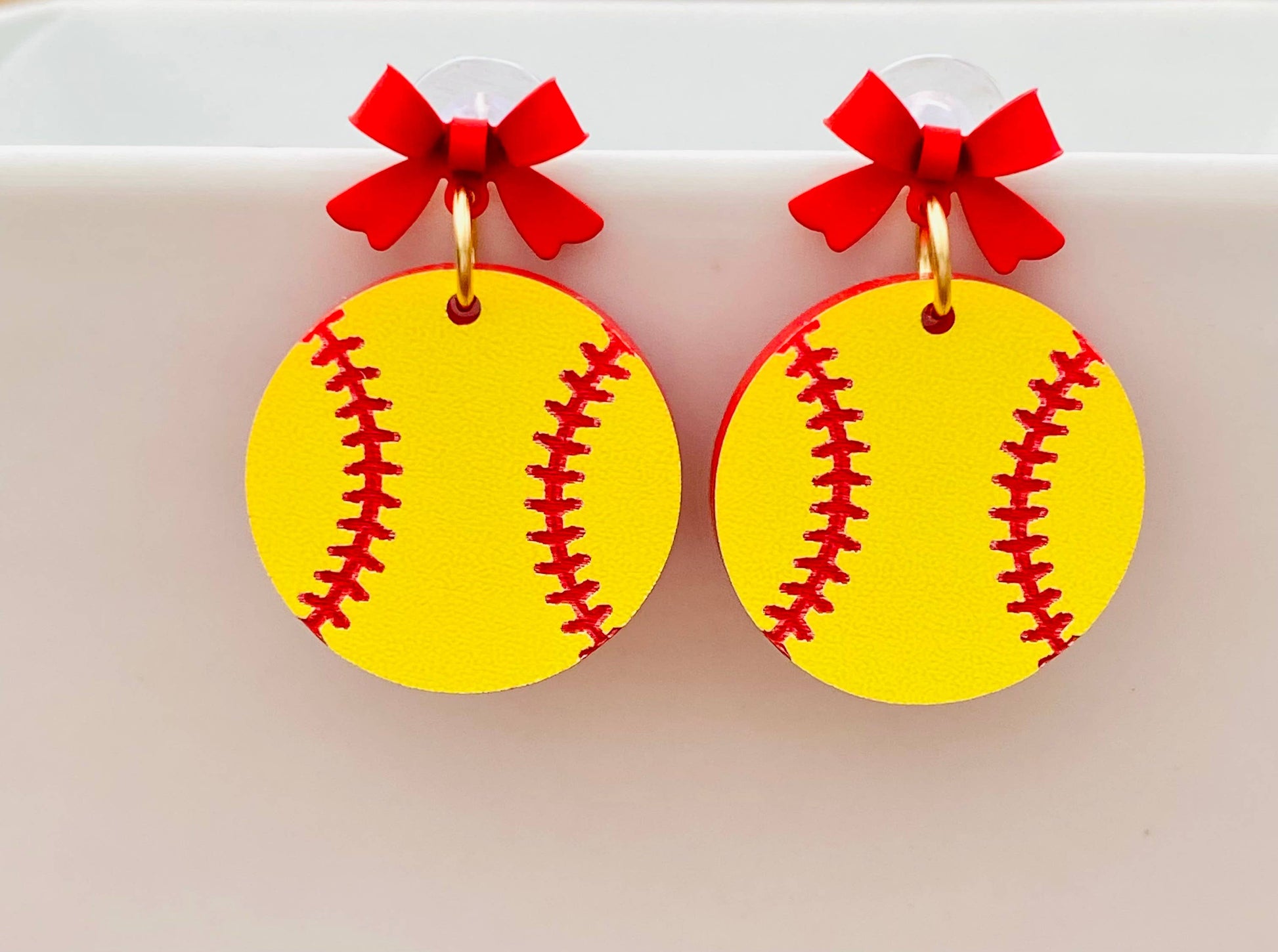 Softball Game Day Drop with Red Bow Earrings