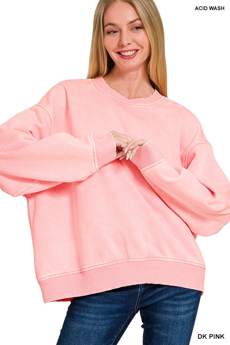 Acid Wash Fleece Oversized Pullover with Balloon Sleeves