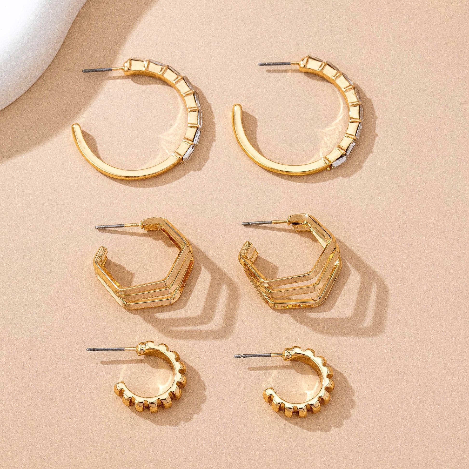Baguette Stone Hoop, Geo Hoop Trio Earrings