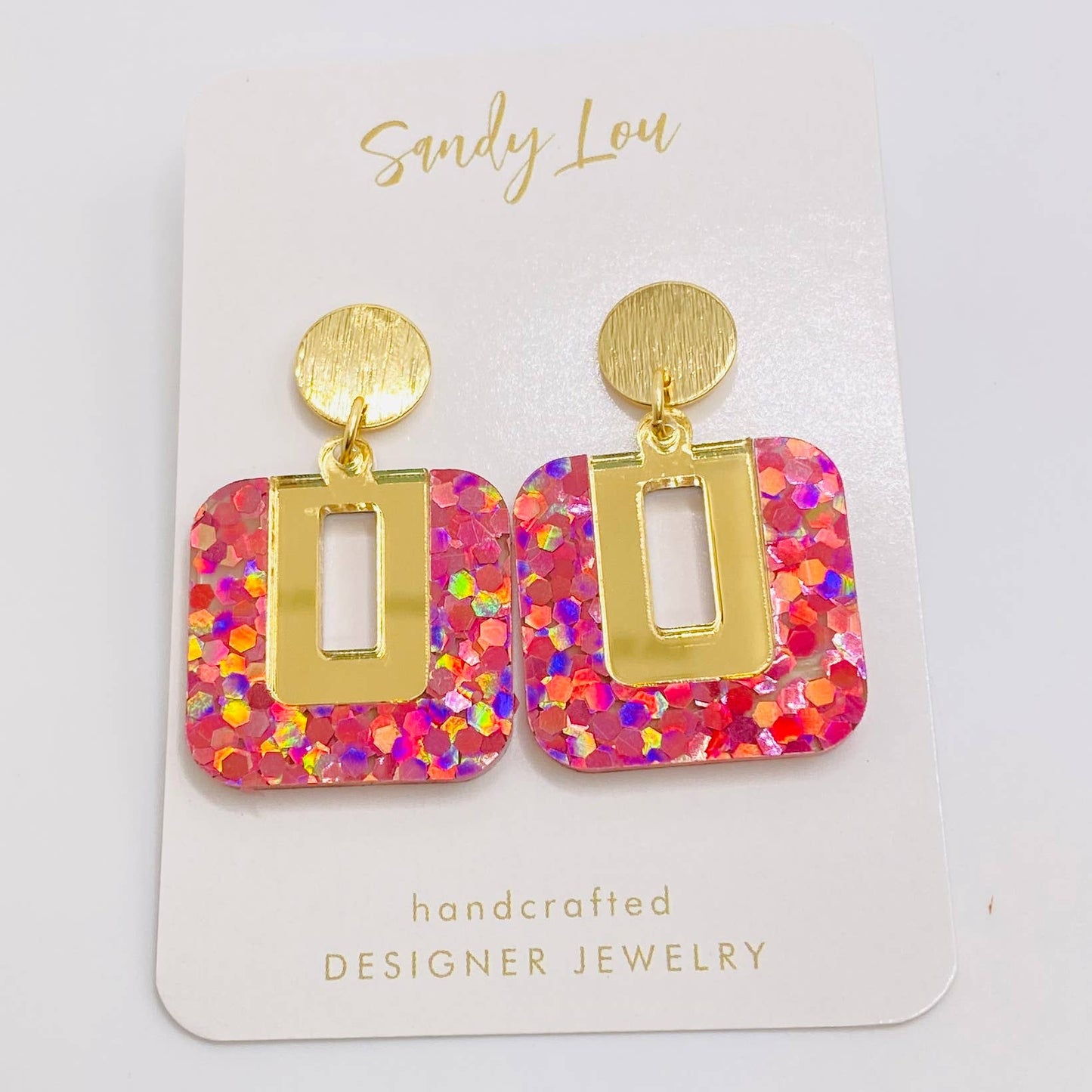 BE SQUARE PINK HOLOGRAPHIC GLITTER AND GOLD EARRING