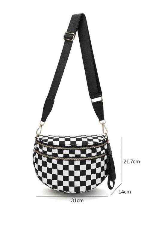 Checkered Print Wide Strap Large Crossbody Bag