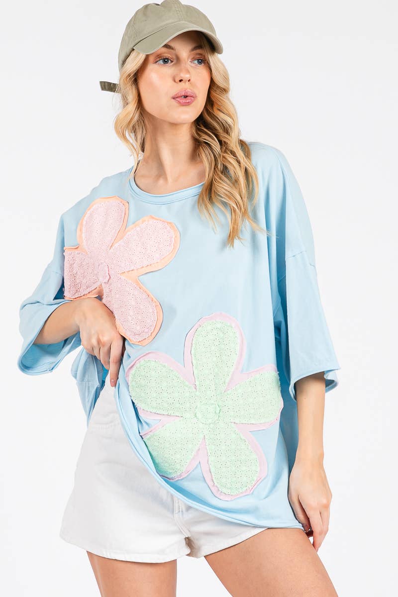 WASHED FLORAL PATCHWORK OVERSIZED TEE