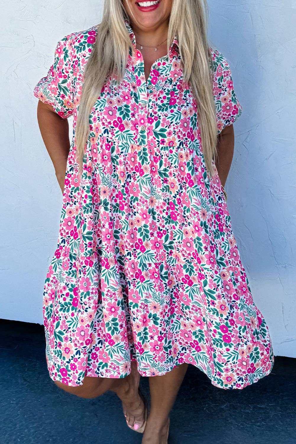 Pink Floral Half Button Short Puff Sleeve A-line Dress