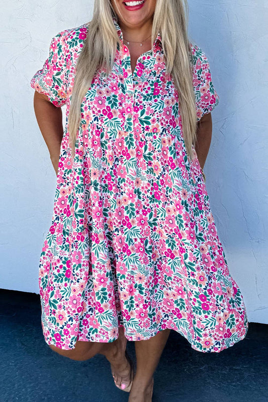Pink Floral Half Button Short Puff Sleeve A-line Dress