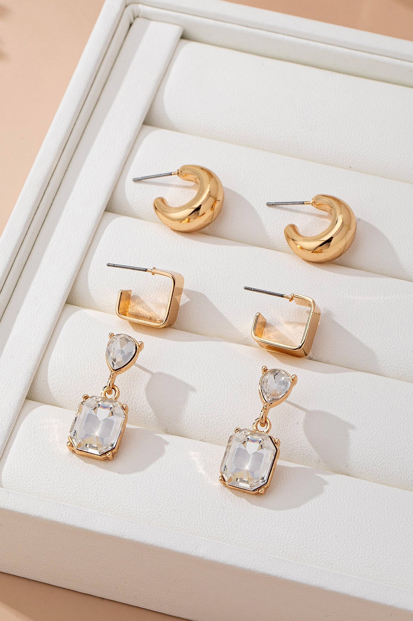 Trio Square Crescent Huggies & Crystal Drops
