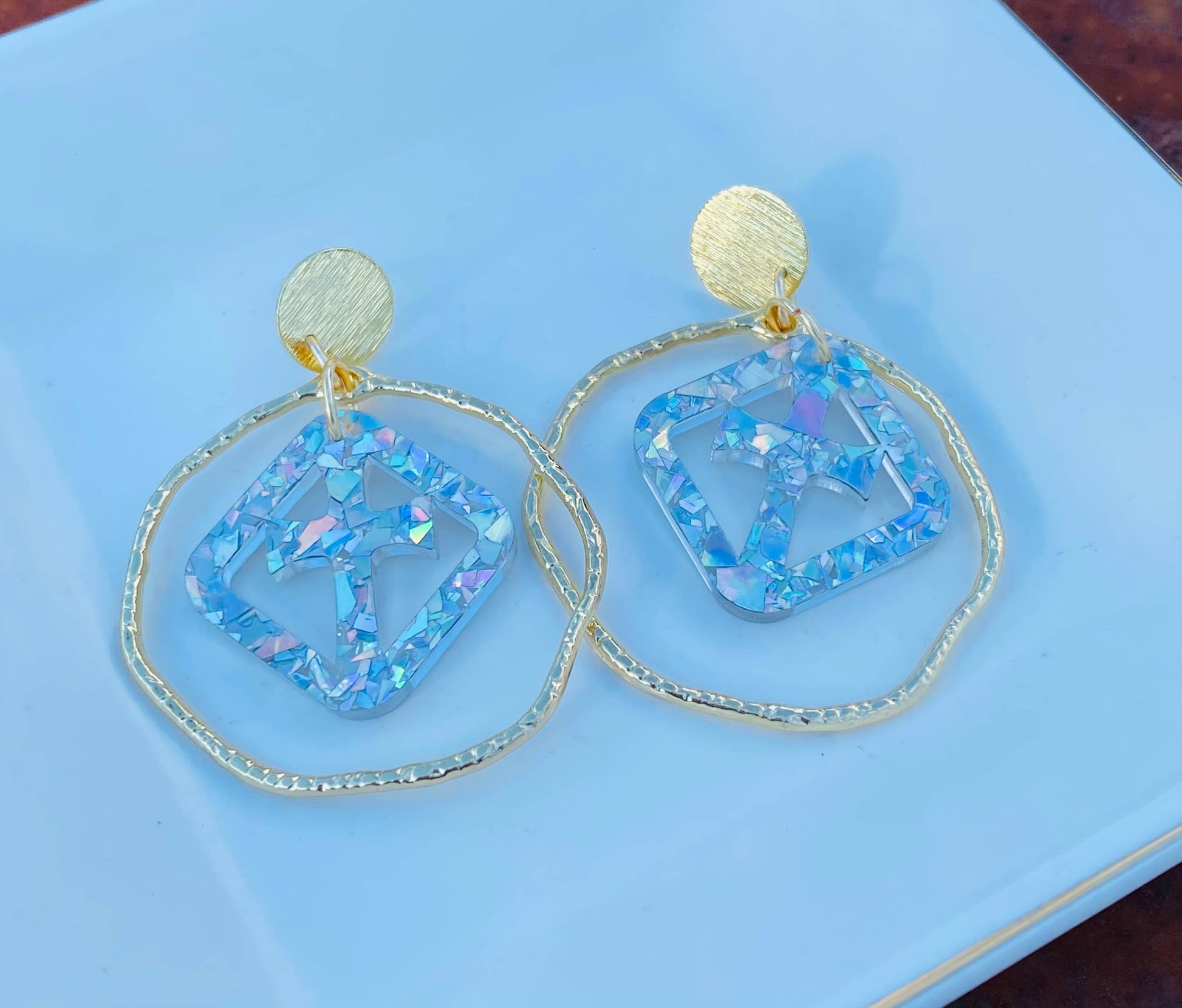 Iridescent Faith Cross Hoop Earrings