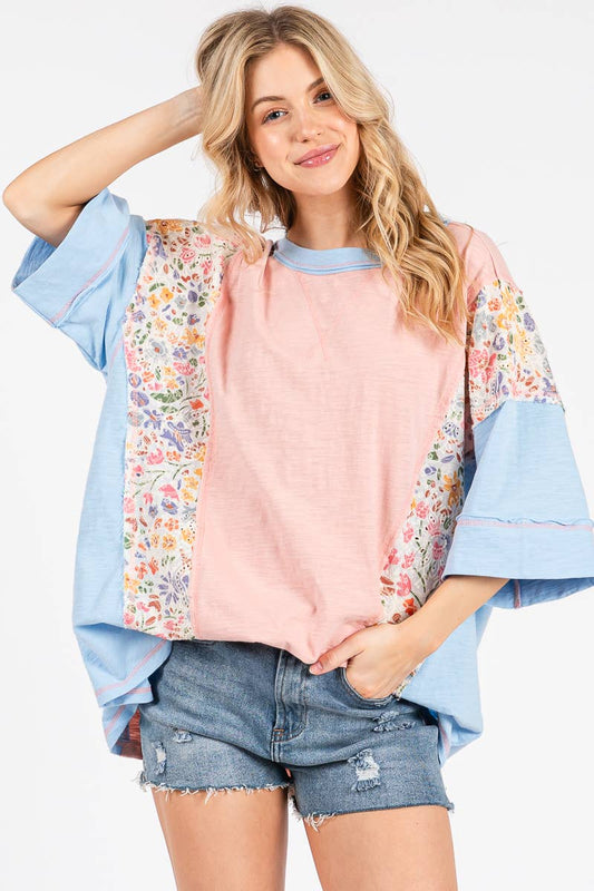 WASHED FLORAL PATCHWORK OVERSIZED CONTRAST TEE